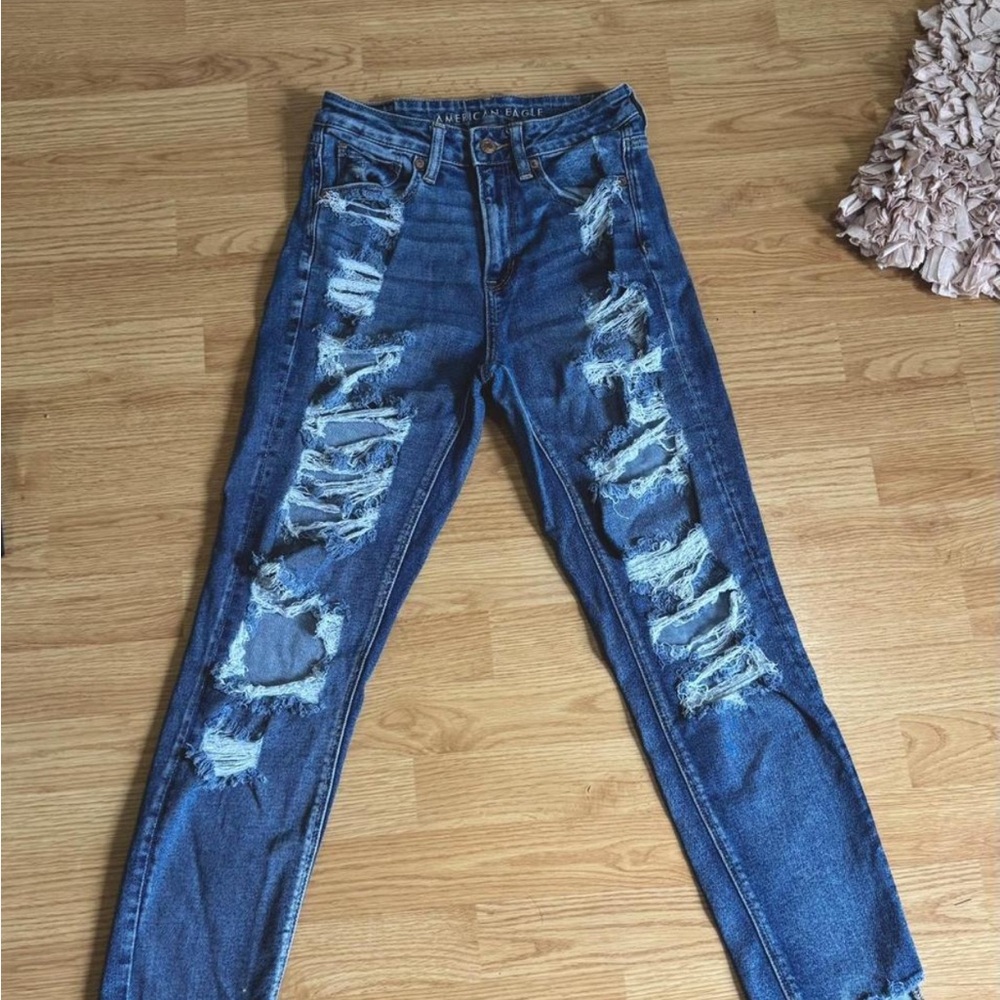 American Eagle Blue Skinny Jeans with Distressed Details
